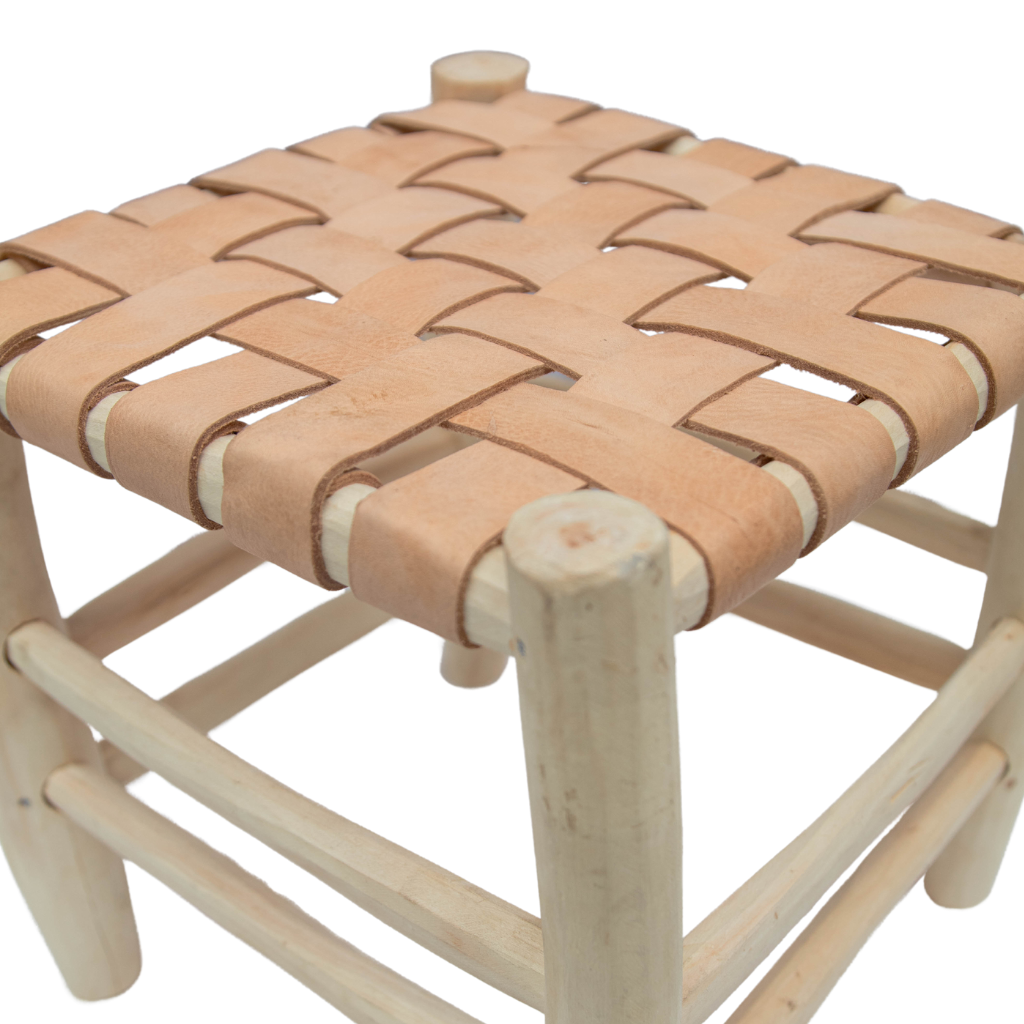 Moroccan Laurel Wood Footstool: Braided Leather Seating