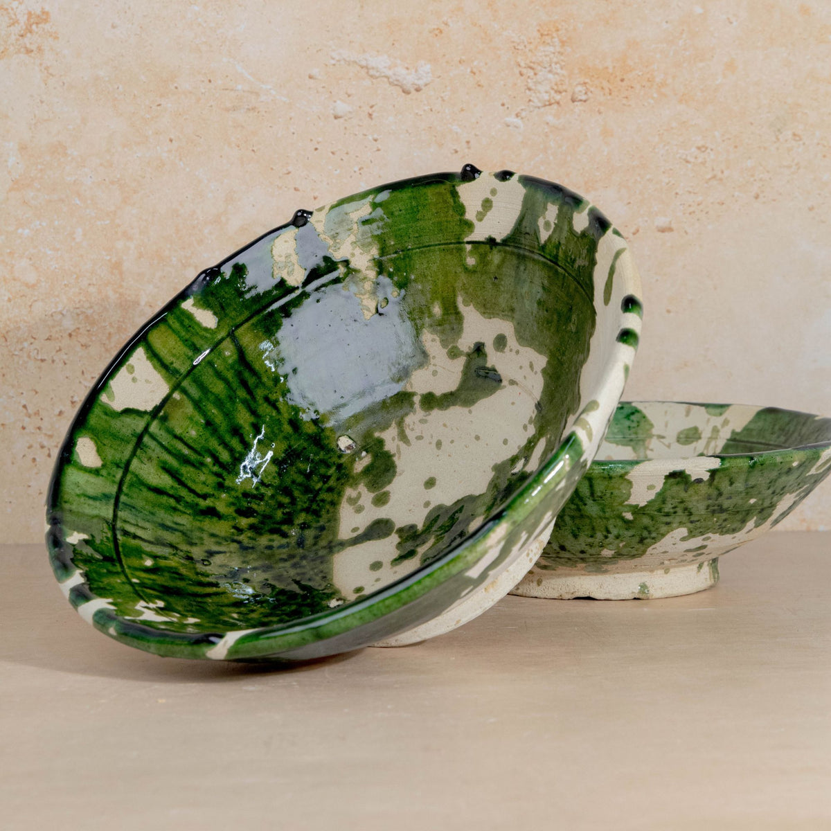 Handmade Tamegroute Bowl - Green (Half-Glazed Splatter)