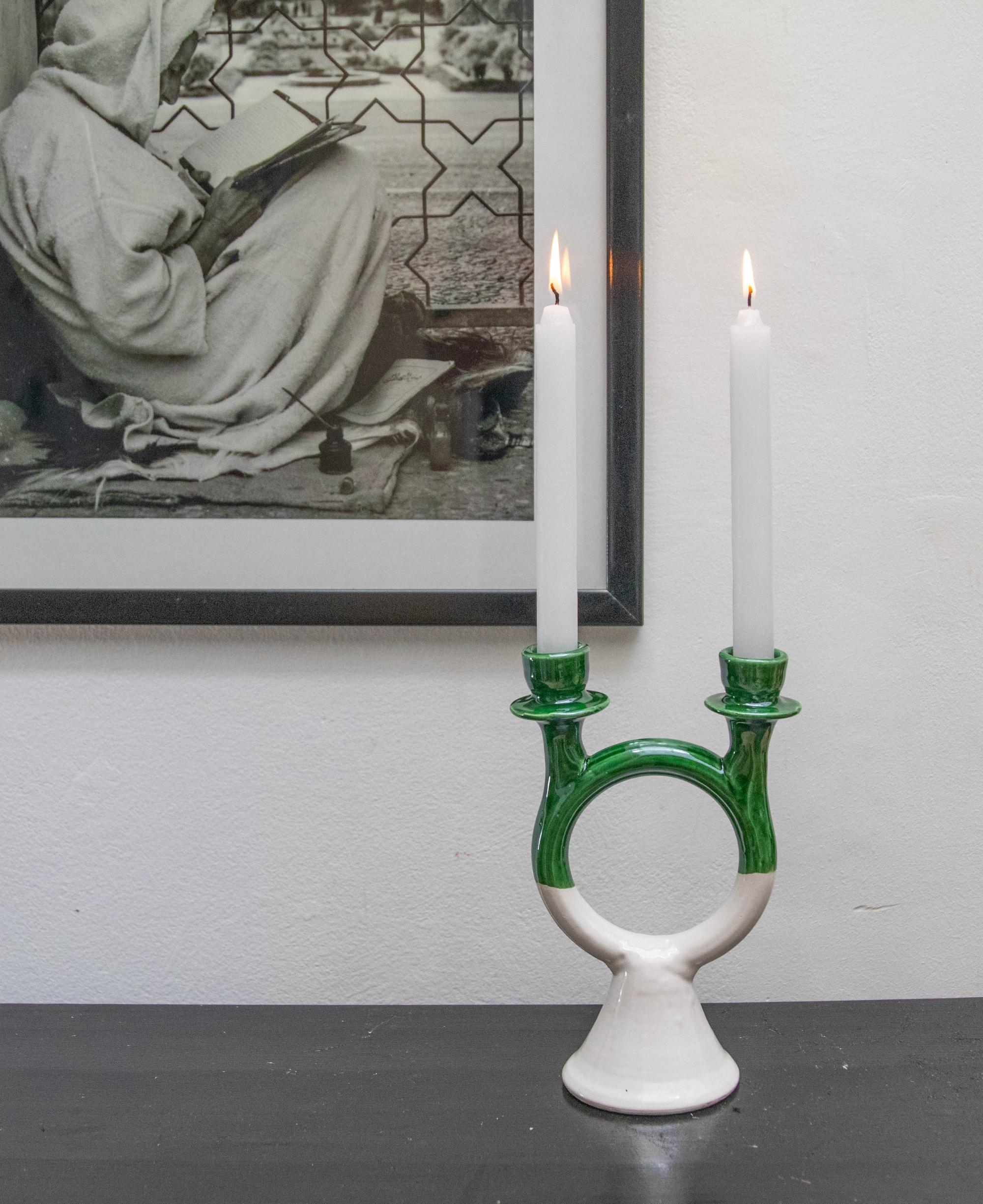 Handmade Green Ceramic Glazed Candlestick Candleholder