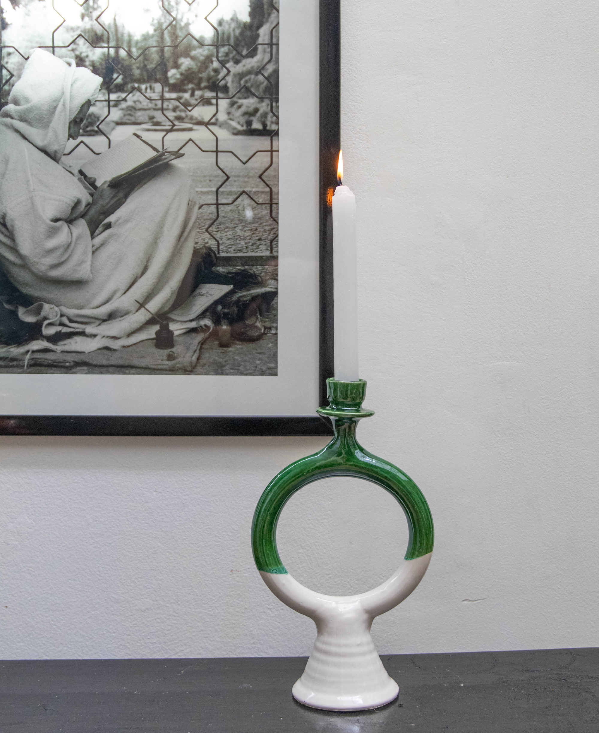 Handmade Green Ceramic Glazed Candlestick Holder