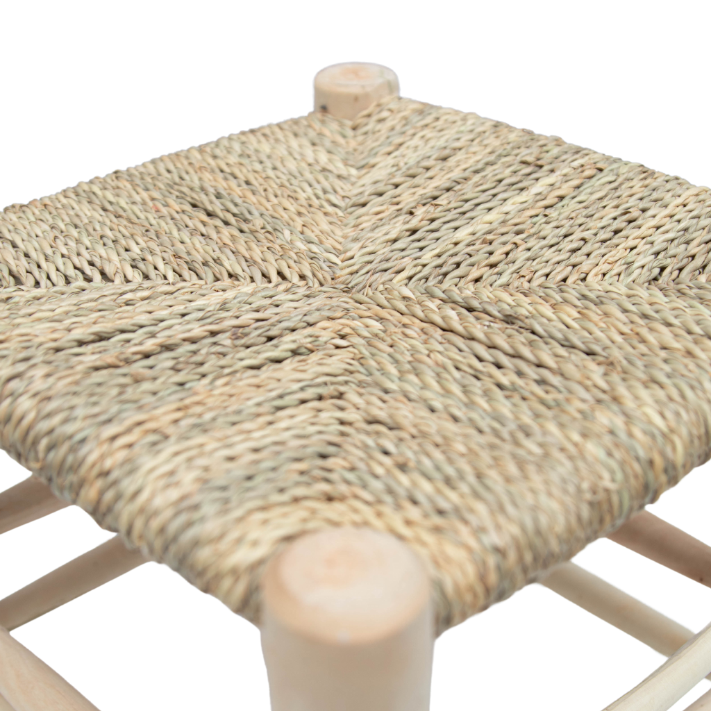 Rustic Moroccan Laurel Wood Stool: Woven Wicker Seating