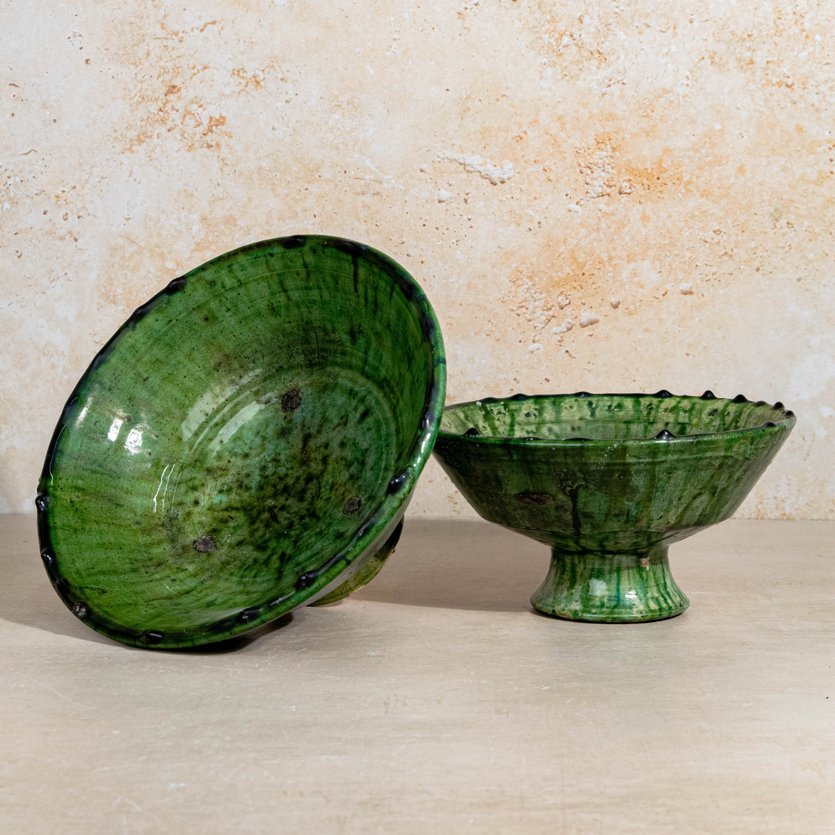 Handmade Tamegroute Green Pedestal Bowl – Scalloped Rim