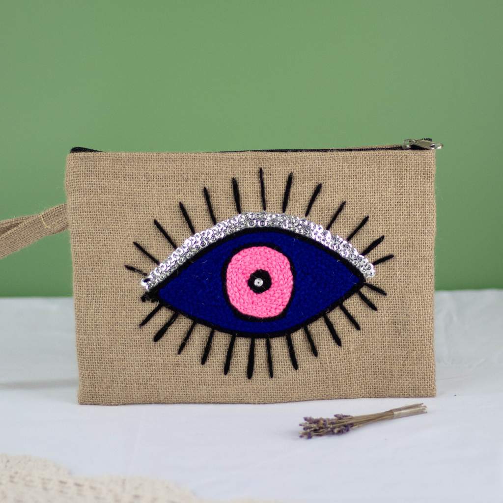 Moroccan Hessian Clutch with Eye Embroidery