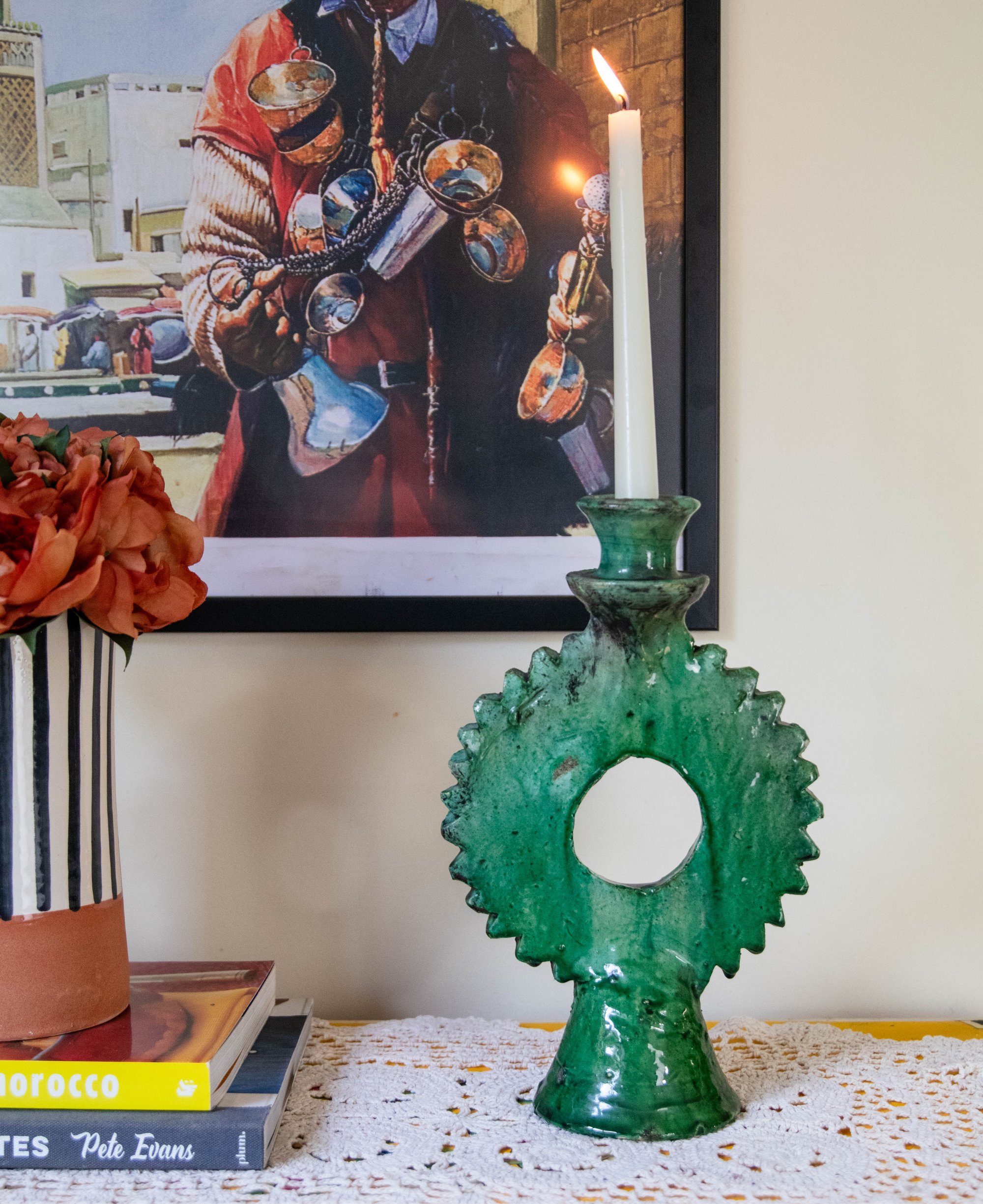 Vintage Tamegroute Shaded Green Candlestick Holder