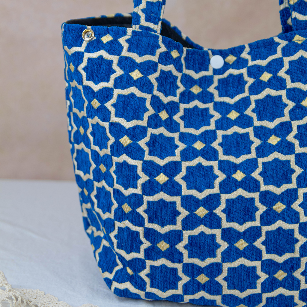 Moroccan Brocade Velvet and Gold Threads Tote Bag in Blue