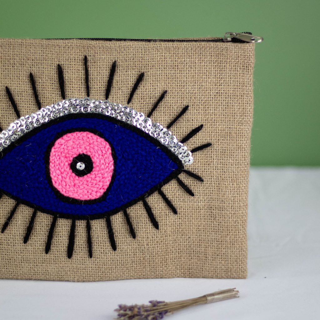 Moroccan Hessian Clutch with Eye Embroidery