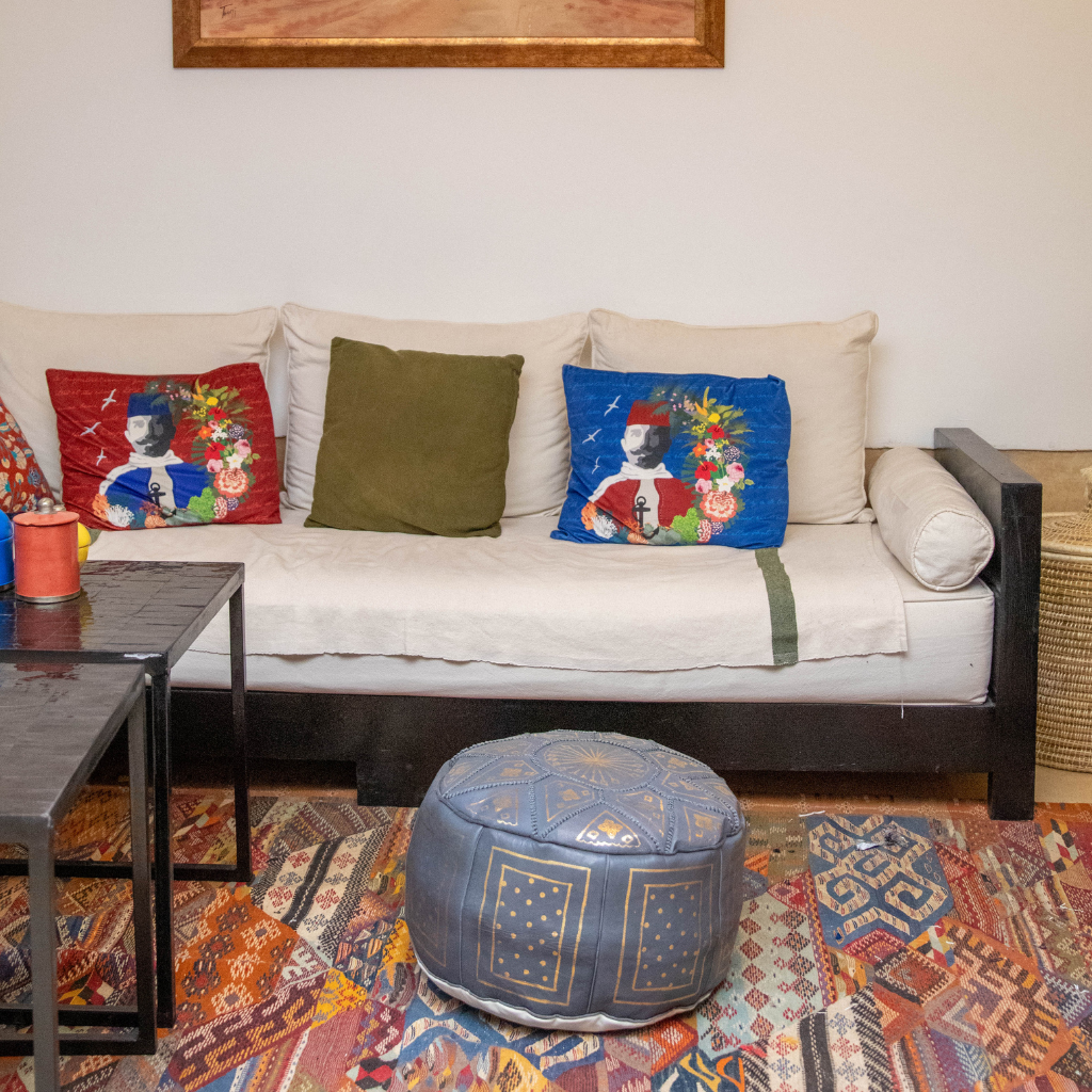 Moroccan Leather Floor Pouffe/Ottoman: Grey &amp; Gold