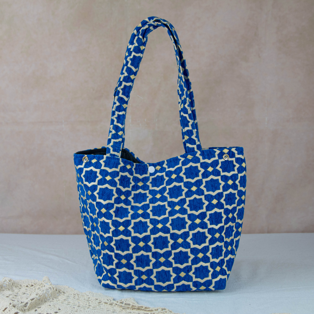 Moroccan Brocade Velvet and Gold Threads Tote Bag in Blue