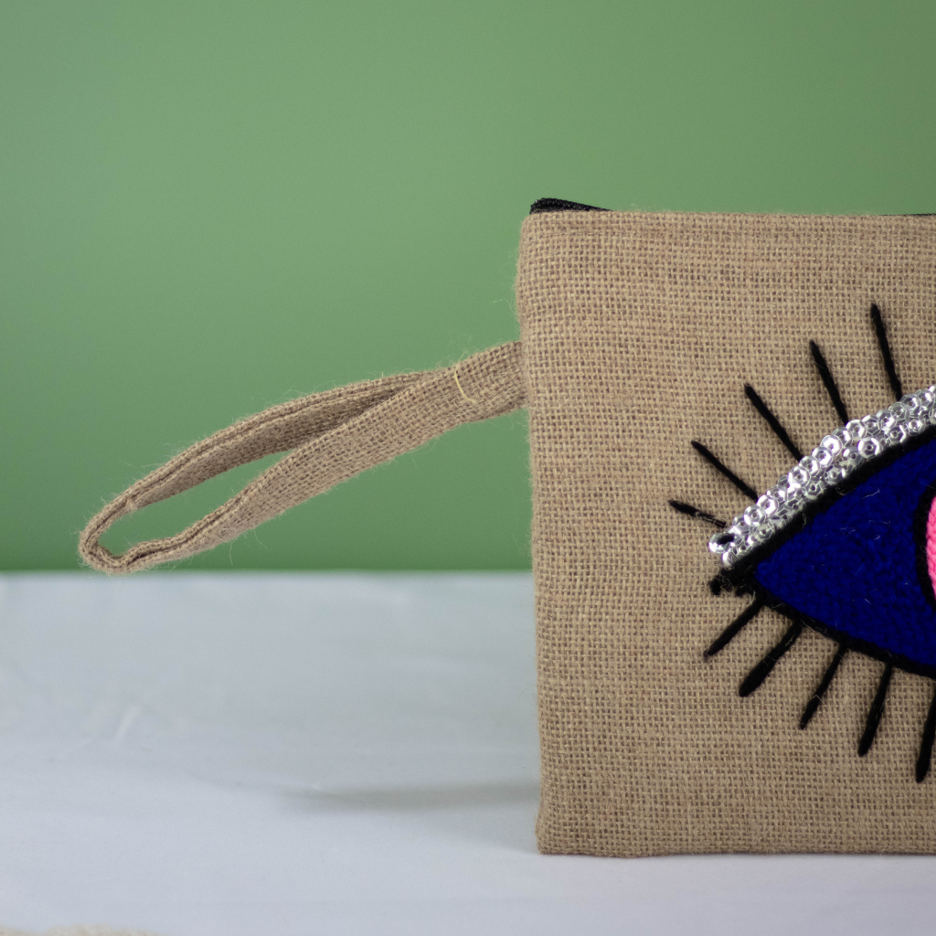 Moroccan Hessian Clutch with Eye Embroidery