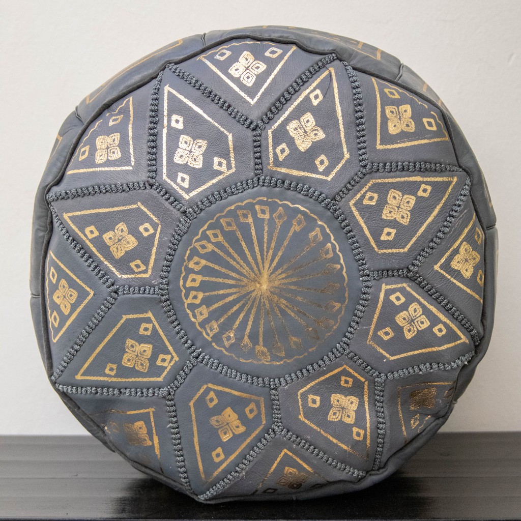 Moroccan Leather Floor Pouffe/Ottoman: Grey & Gold