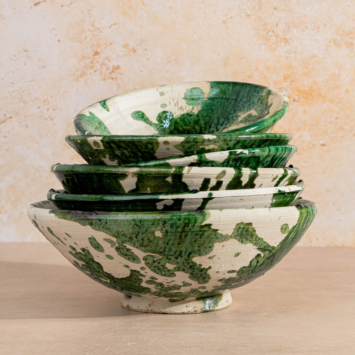 Handmade Tamegroute Bowl - Green (Half-Glazed Splatter)