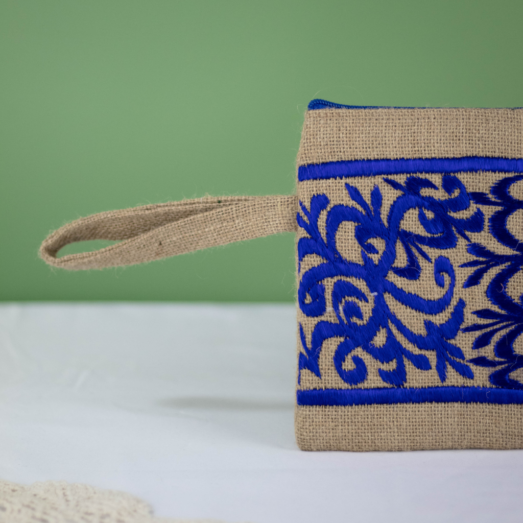 Moroccan Hand-Embroidered Hessian Clutch, Blue