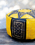 Moroccan Leather Pouf Yellow and Black with Gold Embroidery
