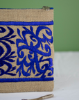 Moroccan Hand-Embroidered Hessian Clutch, Blue