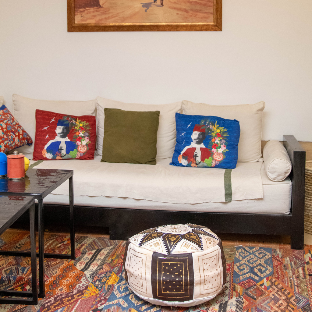 Moroccan Leather Floor Pouffe/Ottoman: Chocolate & Gold