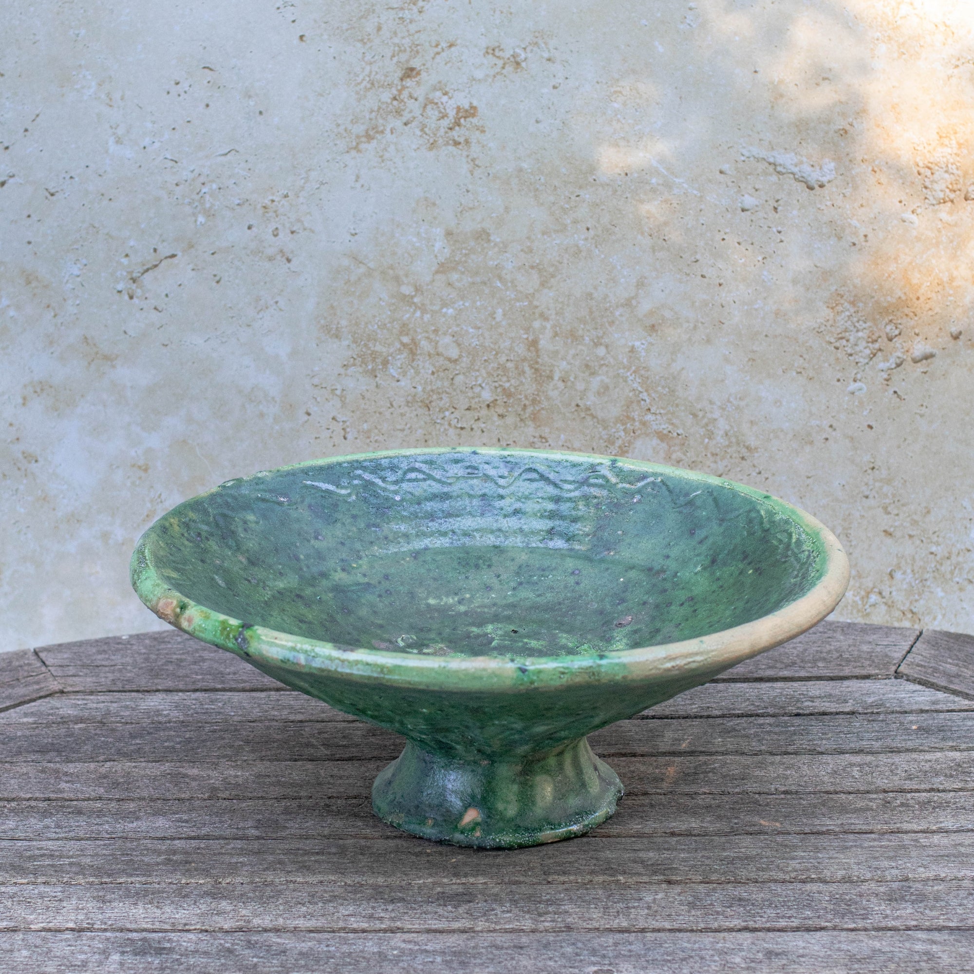 Handmade Tamegroute Sculptural Pedestal Bowl - Green