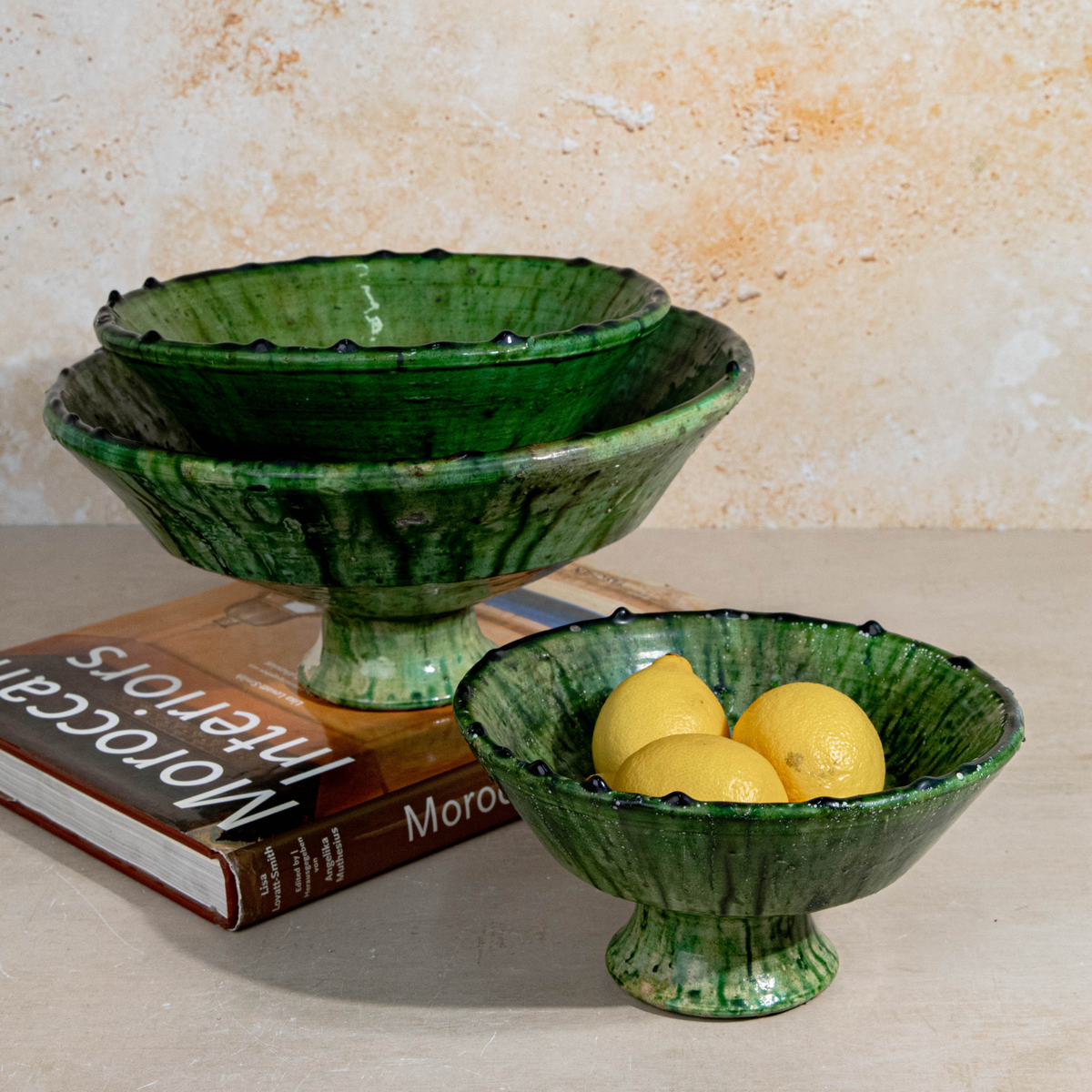 Handmade Tamegroute Green Pedestal Bowl – Scalloped Rim