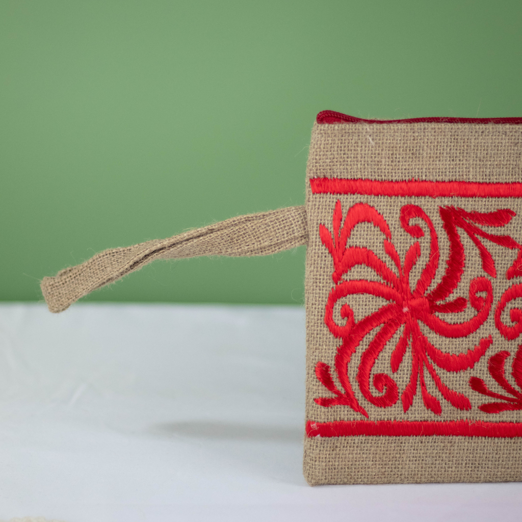 Moroccan Hand-Embroidered Hessian Clutch, Red