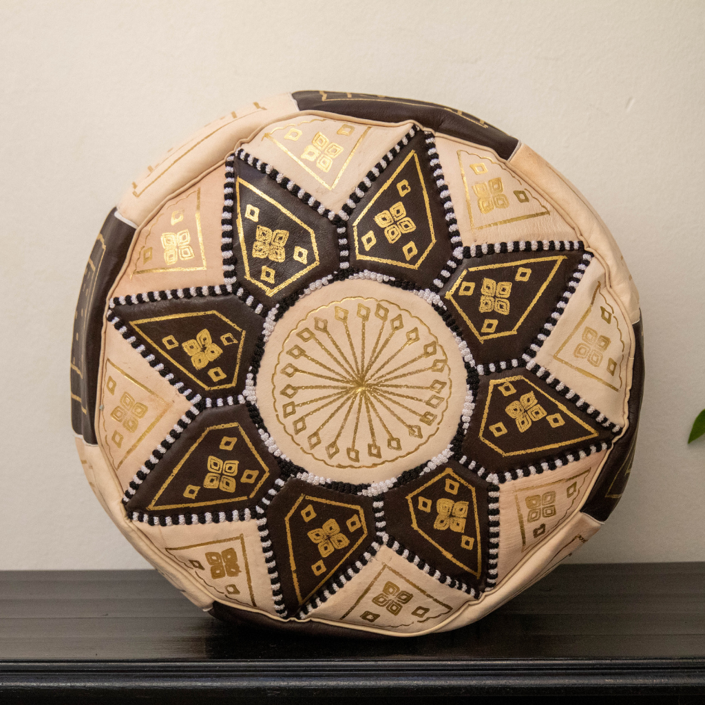 Moroccan Leather Floor Pouffe/Ottoman: Chocolate & Gold