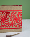 Moroccan Hand-Embroidered Hessian Clutch, Red