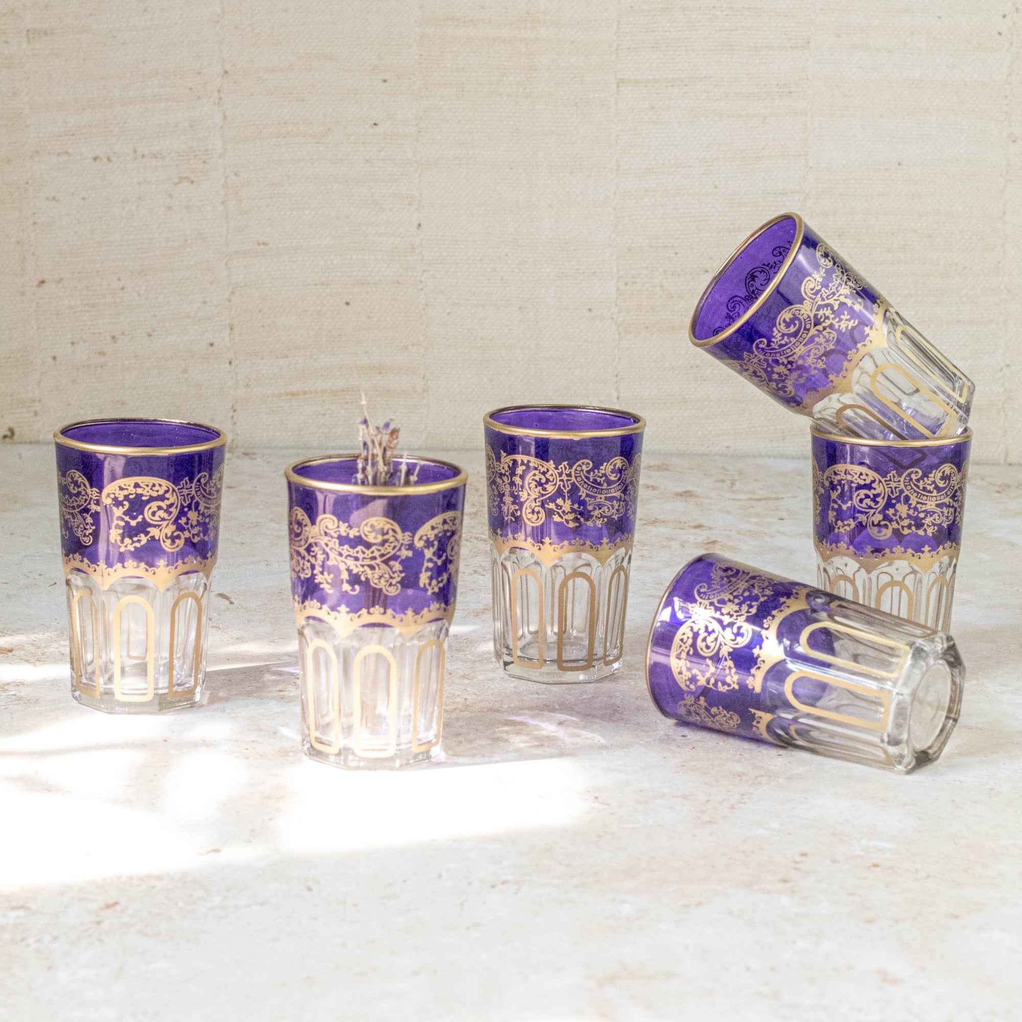 Moroccan Tea Glasses – Violet Purple & Gold Set of 6