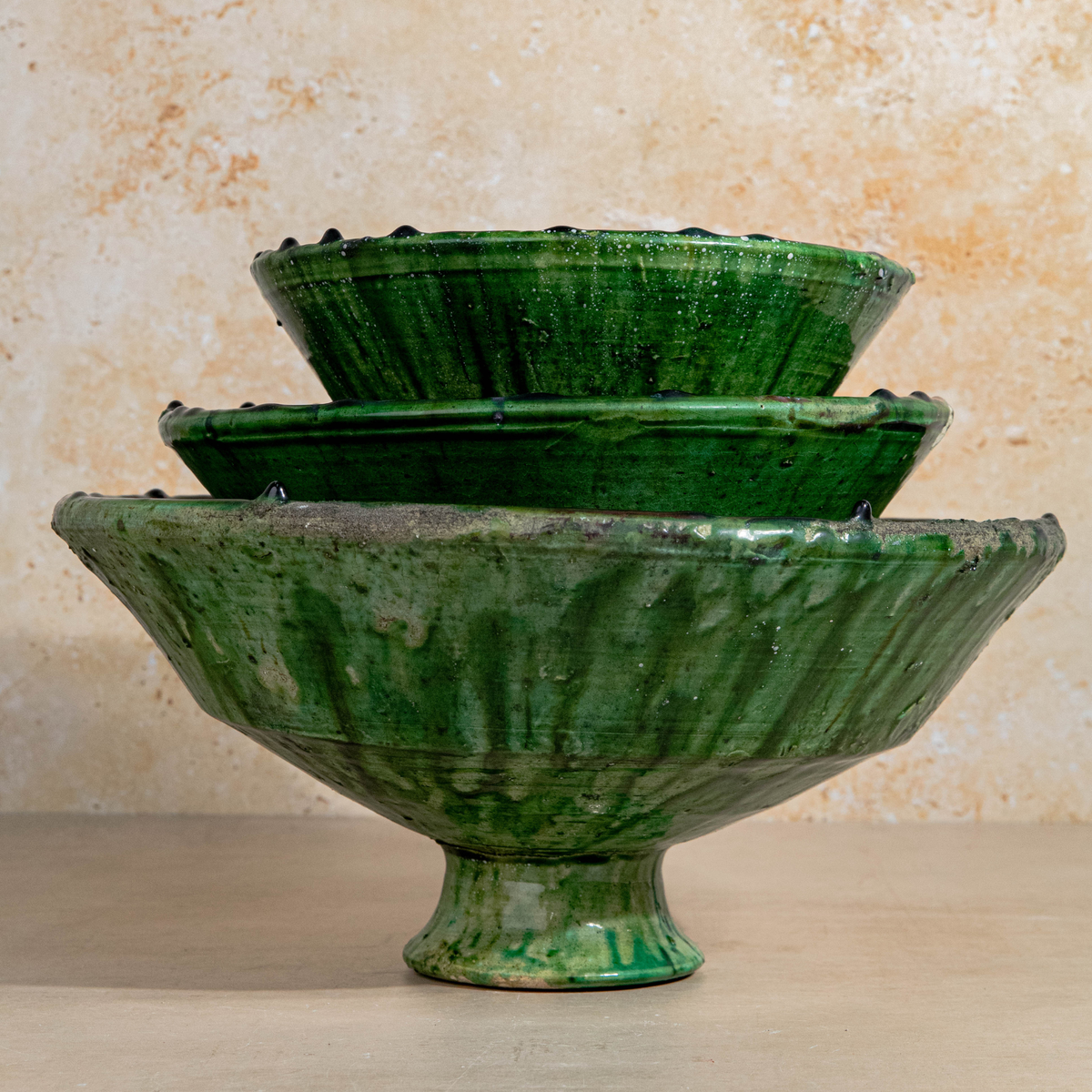 Handmade Tamegroute Green Pedestal Bowl – Scalloped Rim