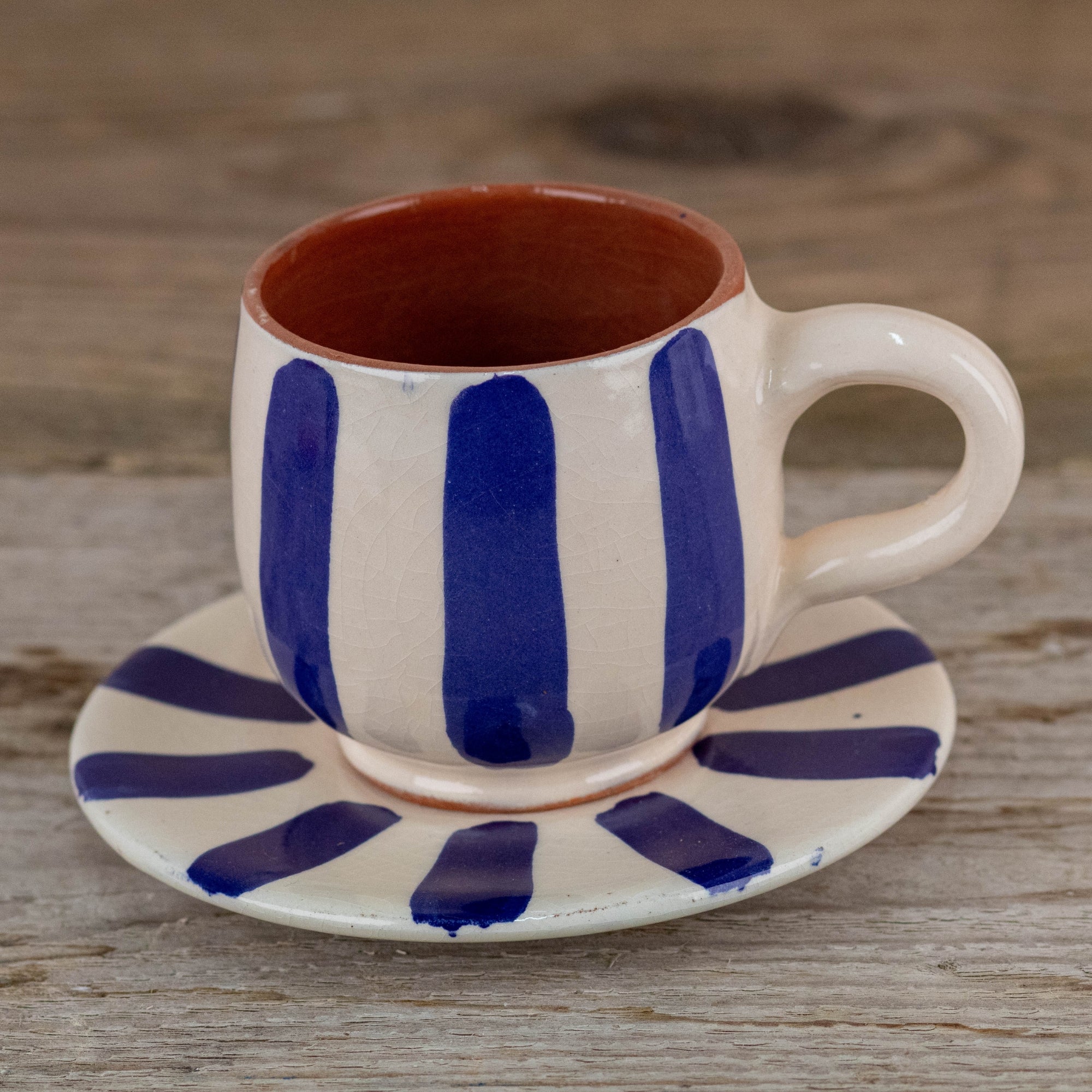 Handmade Striped Coffee Cup & Saucer - blue