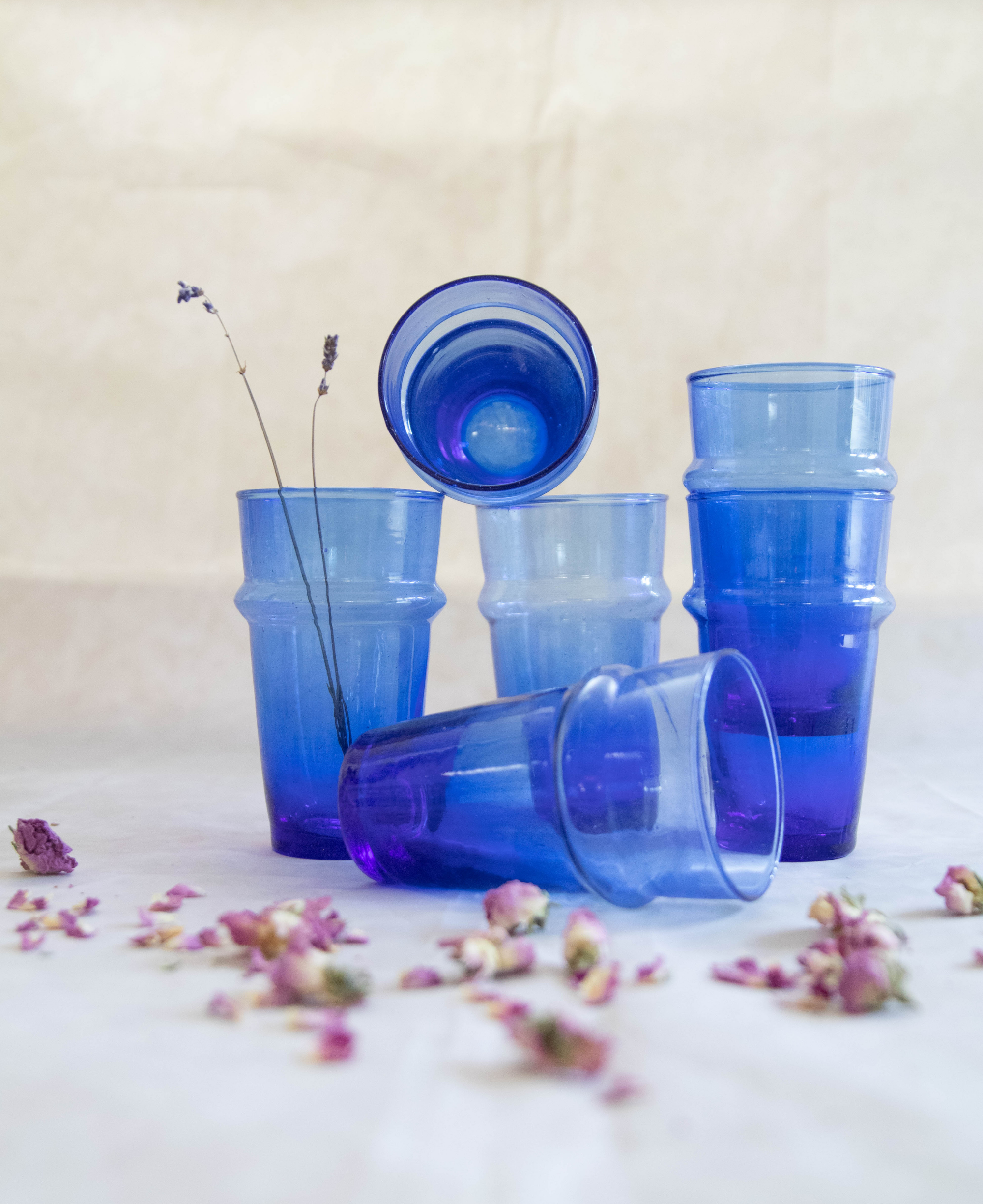 Set of 6 Hand-Blown Blue Beldi Tea Glasses - Moroccan Tea Glasses in Blue