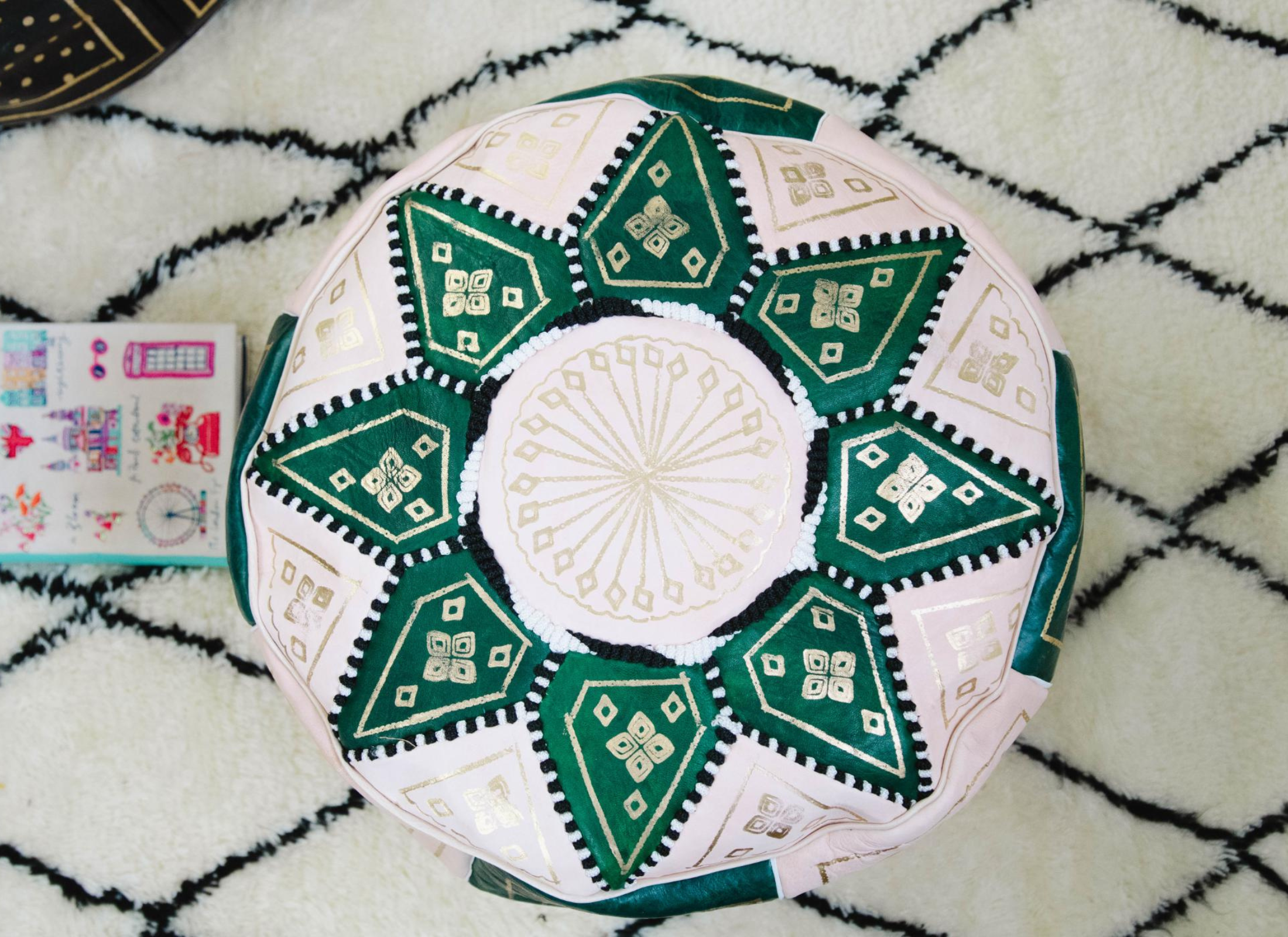 Moroccan Leather Pouf in Green & Gold - Leather Poufe Ottoman - Floor Poufs