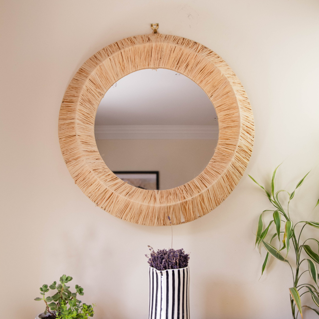 Moroccan Handcrafted Wall Mirror: Round - Natural Raffia