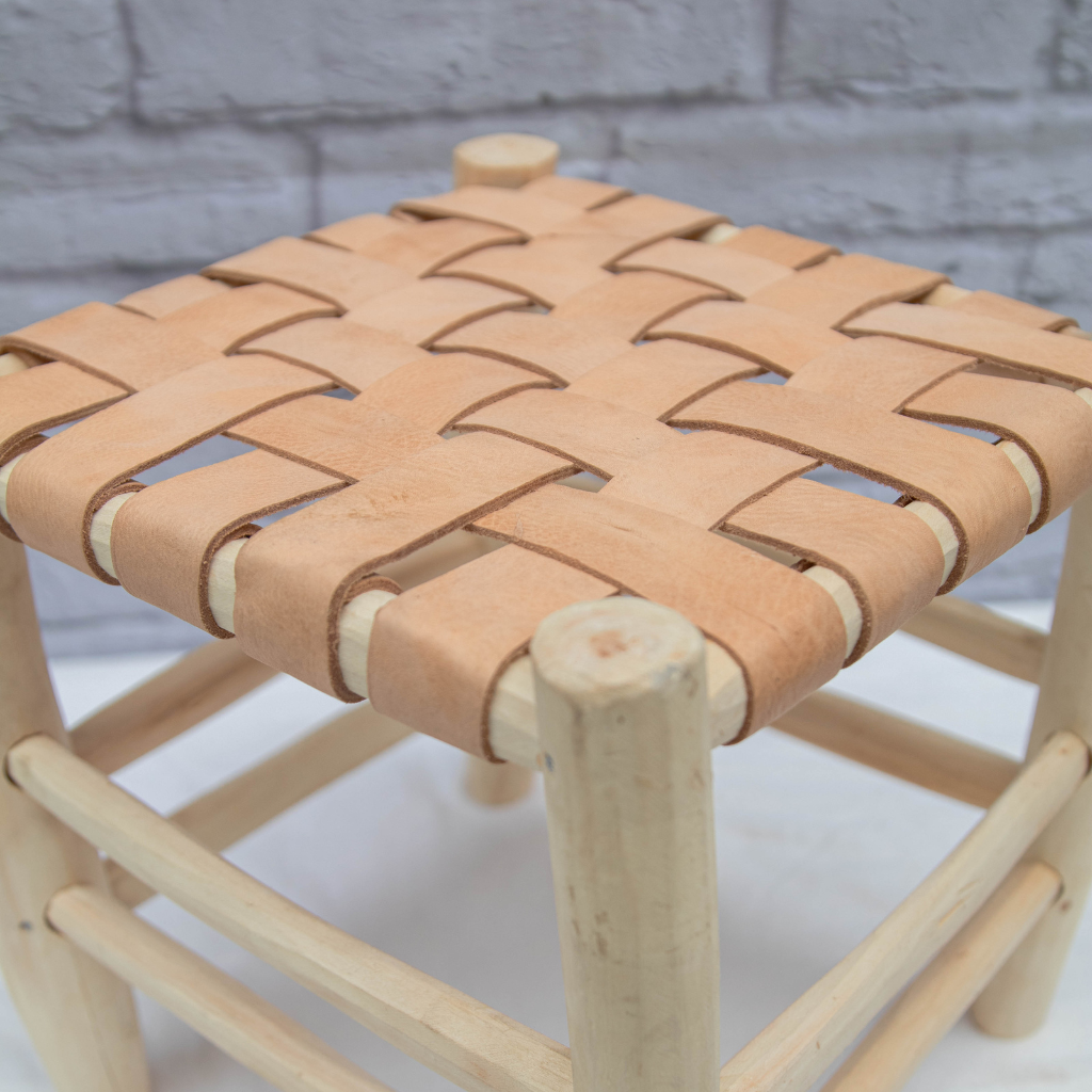 Moroccan Laurel Wood Footstool: Braided Leather Seating