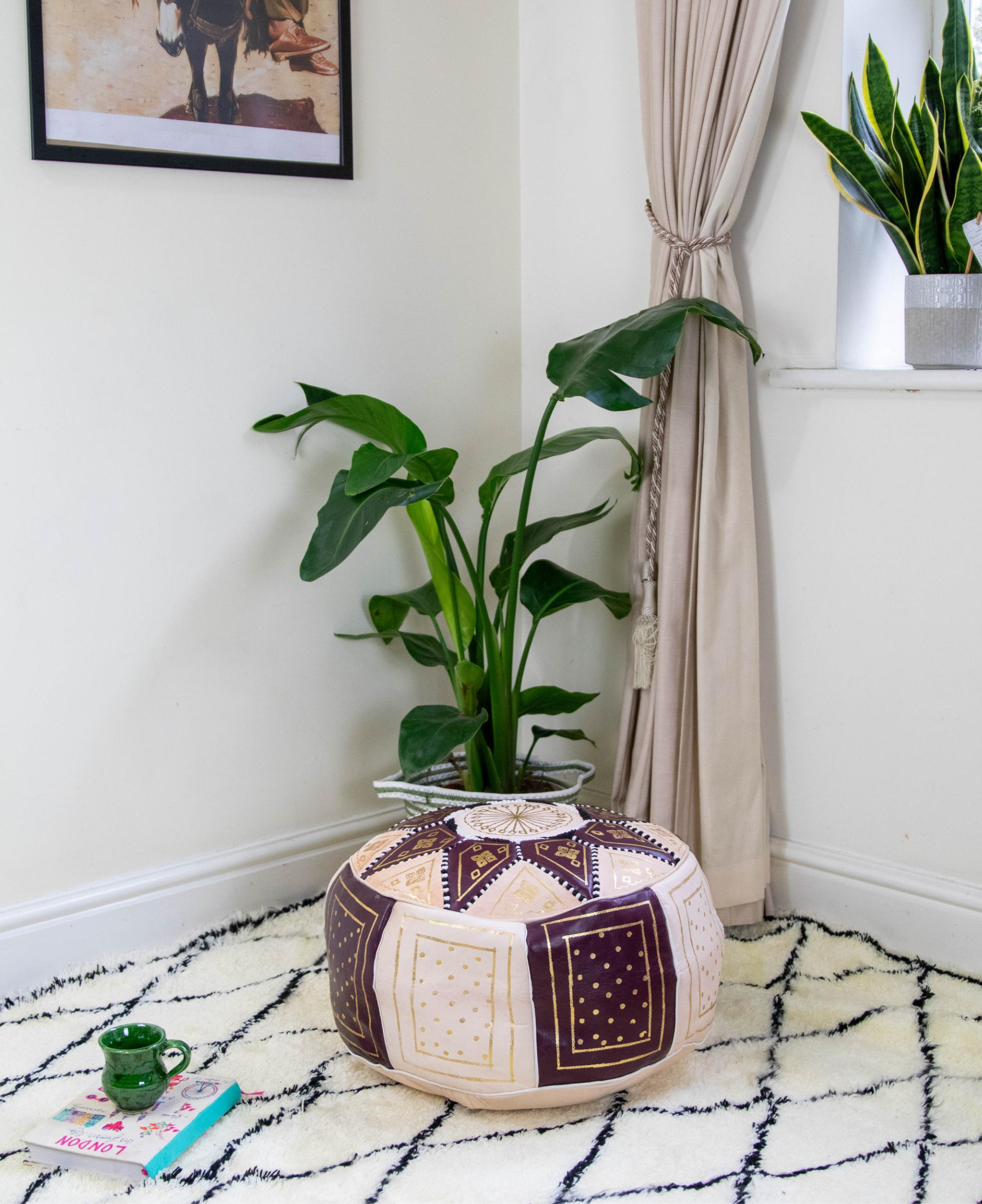Moroccan Leather Pouf in Chocolate &amp; Gold - Leather Poufe Ottoman Floor Pouffs