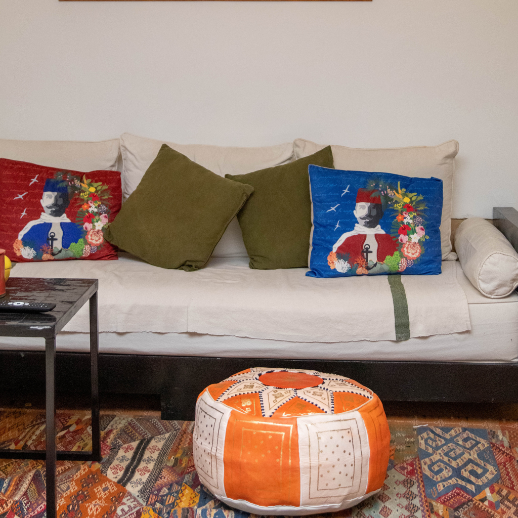 Moroccan Leather Floor Pouffe/Ottoman: Orange &amp; Gold