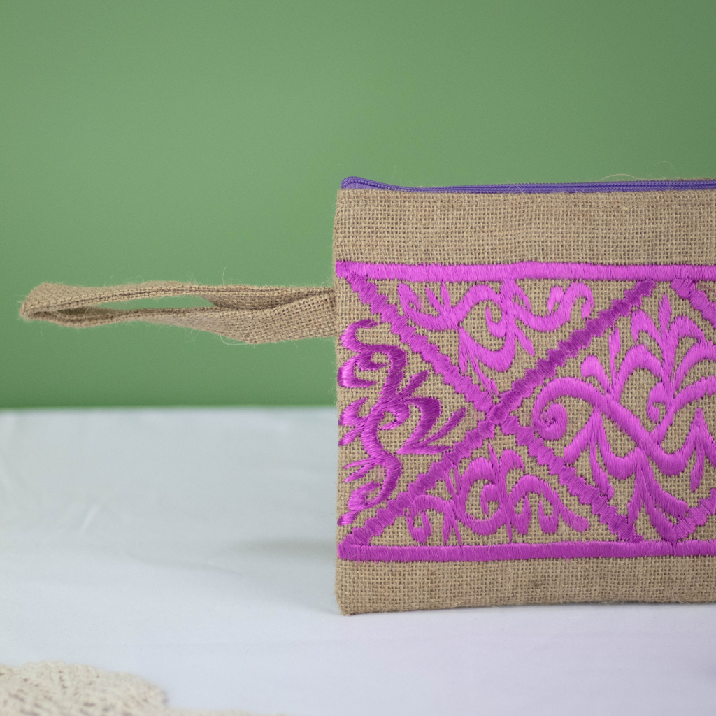 Moroccan Hand-Embroidered Hessian Clutch, Purple