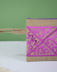 Moroccan Hand-Embroidered Hessian Clutch, Purple