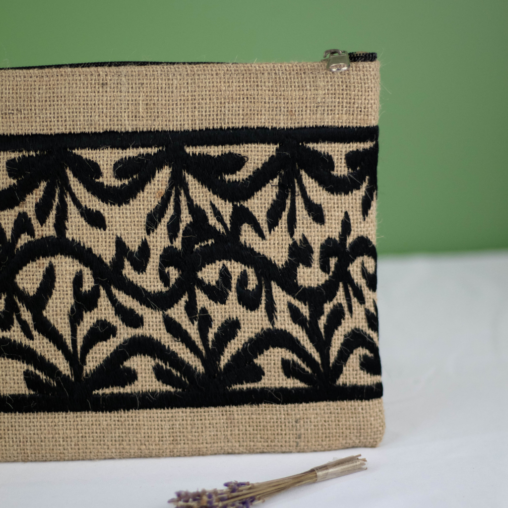 Moroccan Hand-Embroidered Hessian Clutch, Black