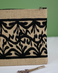 Moroccan Hand-Embroidered Hessian Clutch, Black