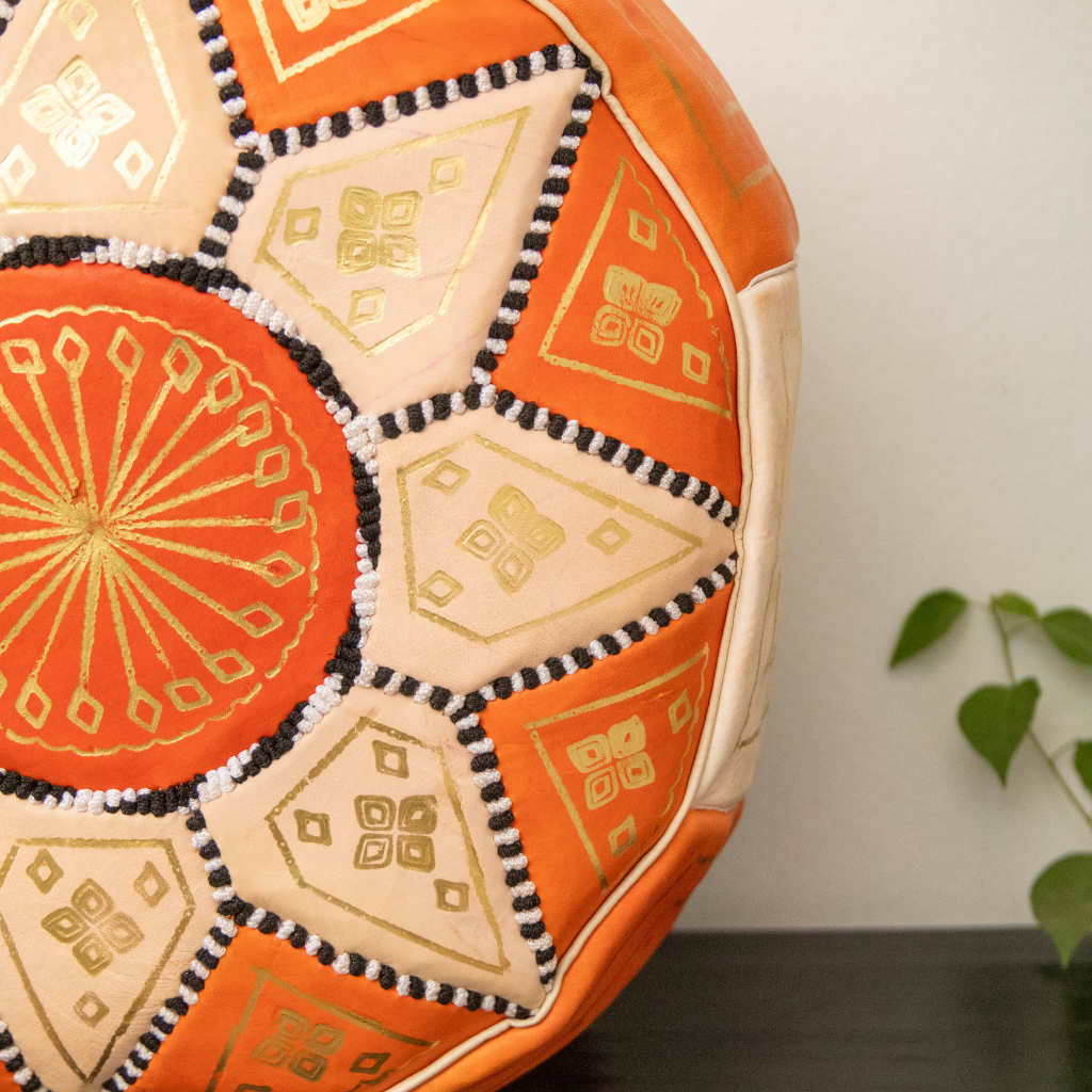 Moroccan Leather Floor Pouffe/Ottoman: Orange & Gold