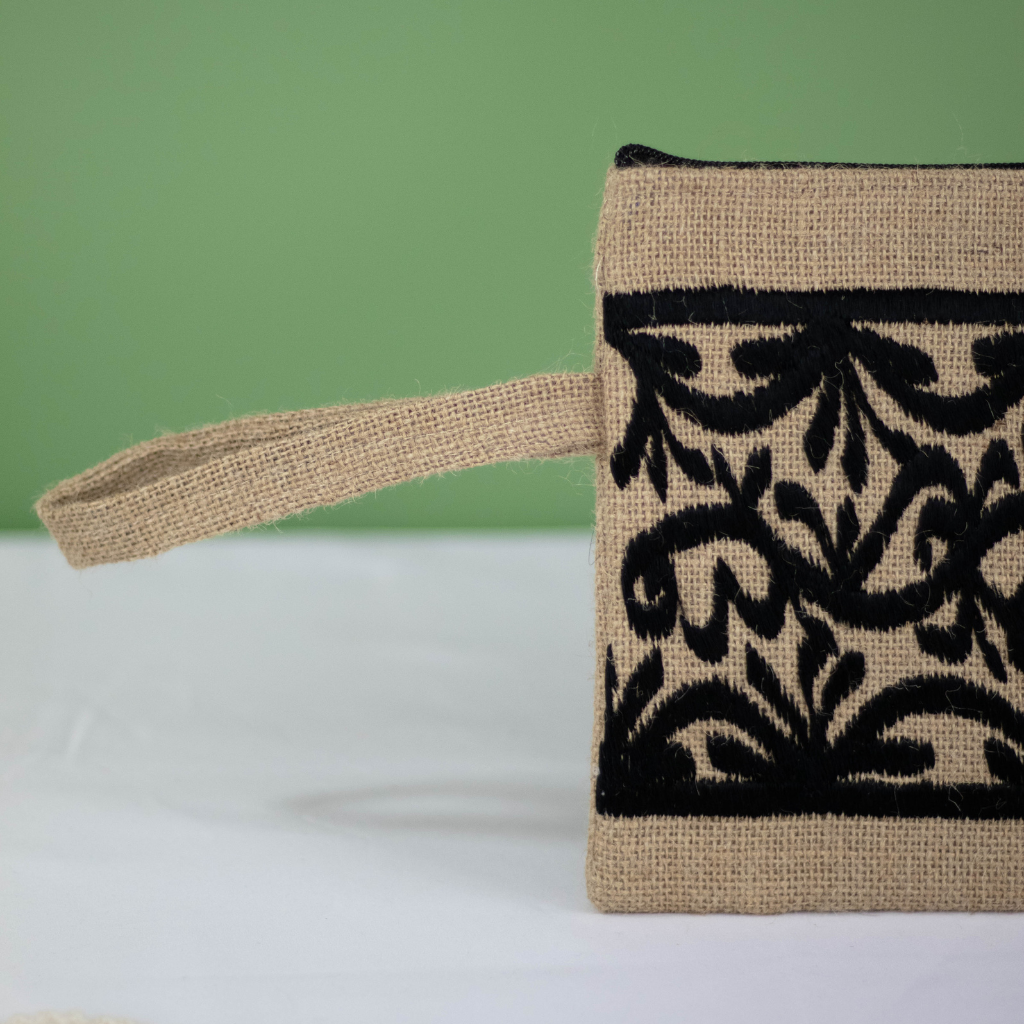 Moroccan Hand-Embroidered Hessian Clutch, Black