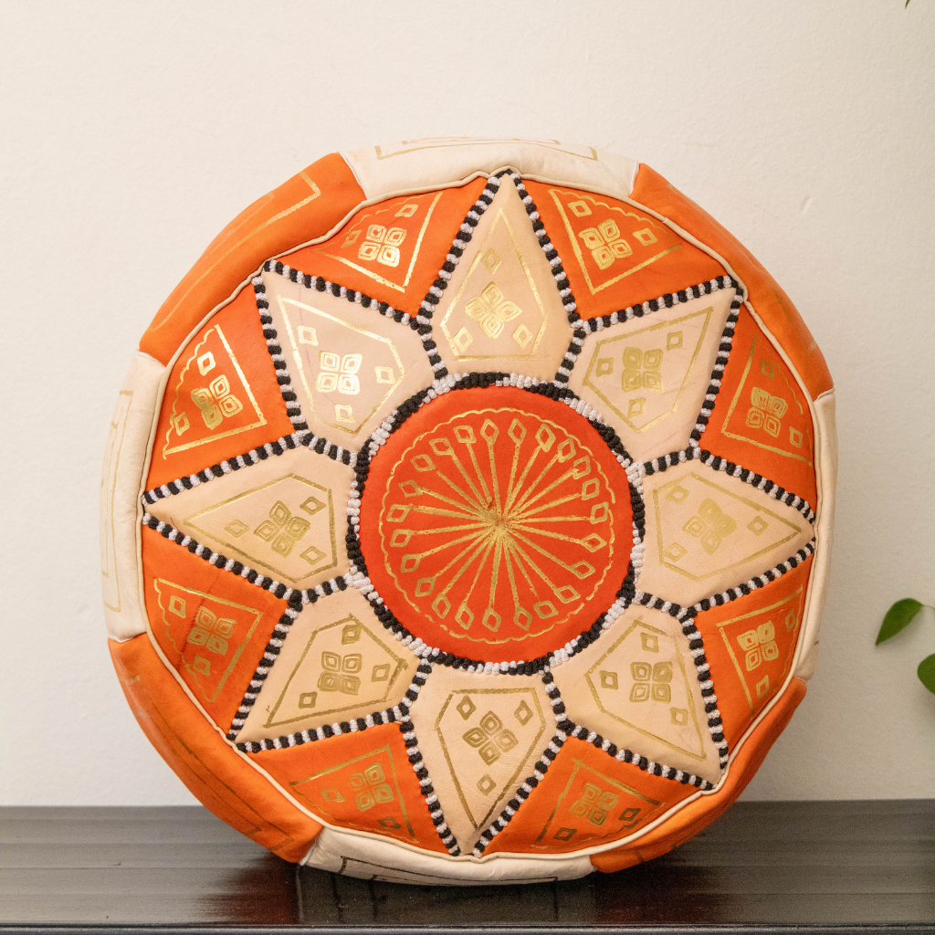 Moroccan Leather Floor Pouffe/Ottoman: Orange & Gold