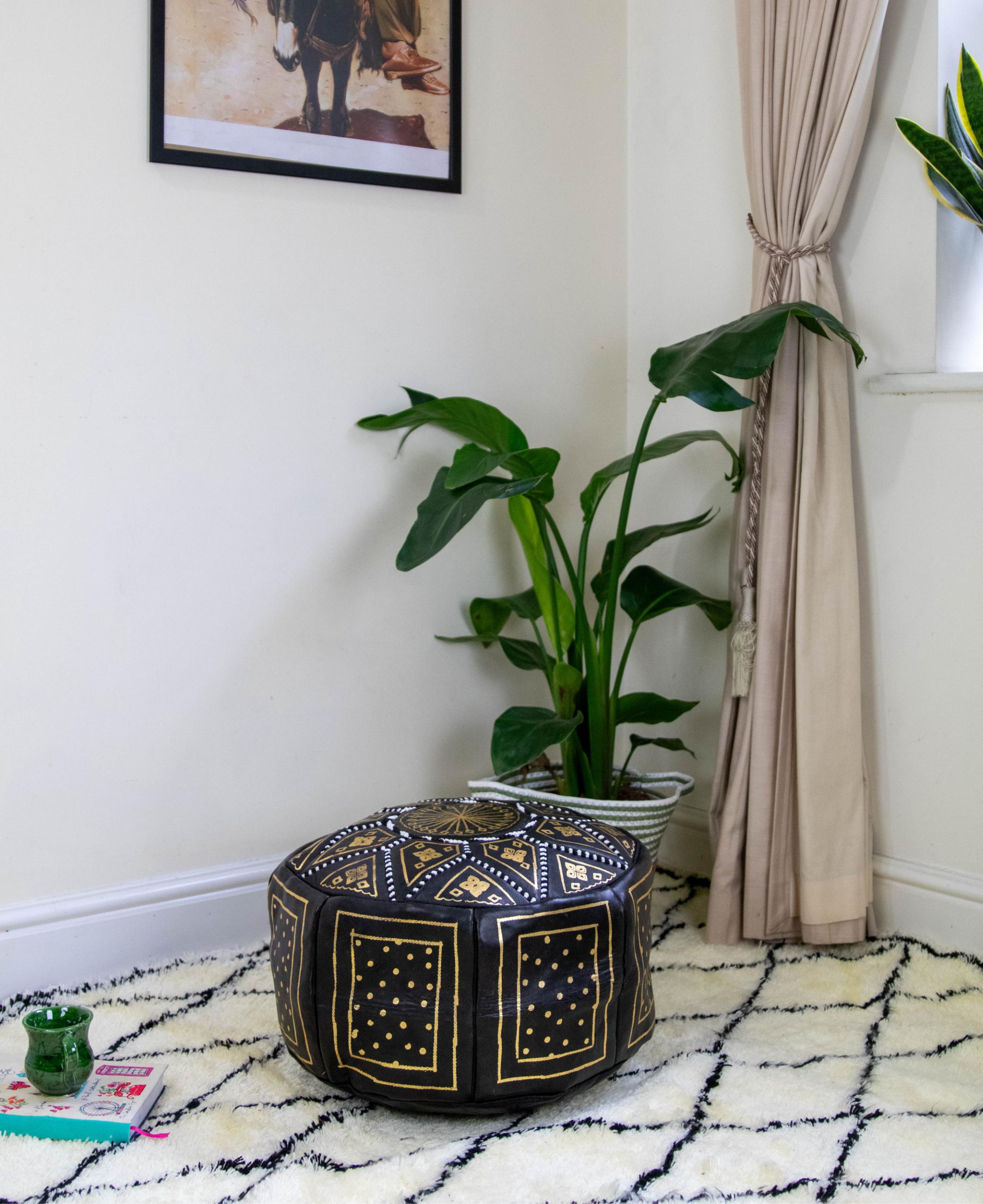 Moroccan Leather Pouf in Black &amp; Gold