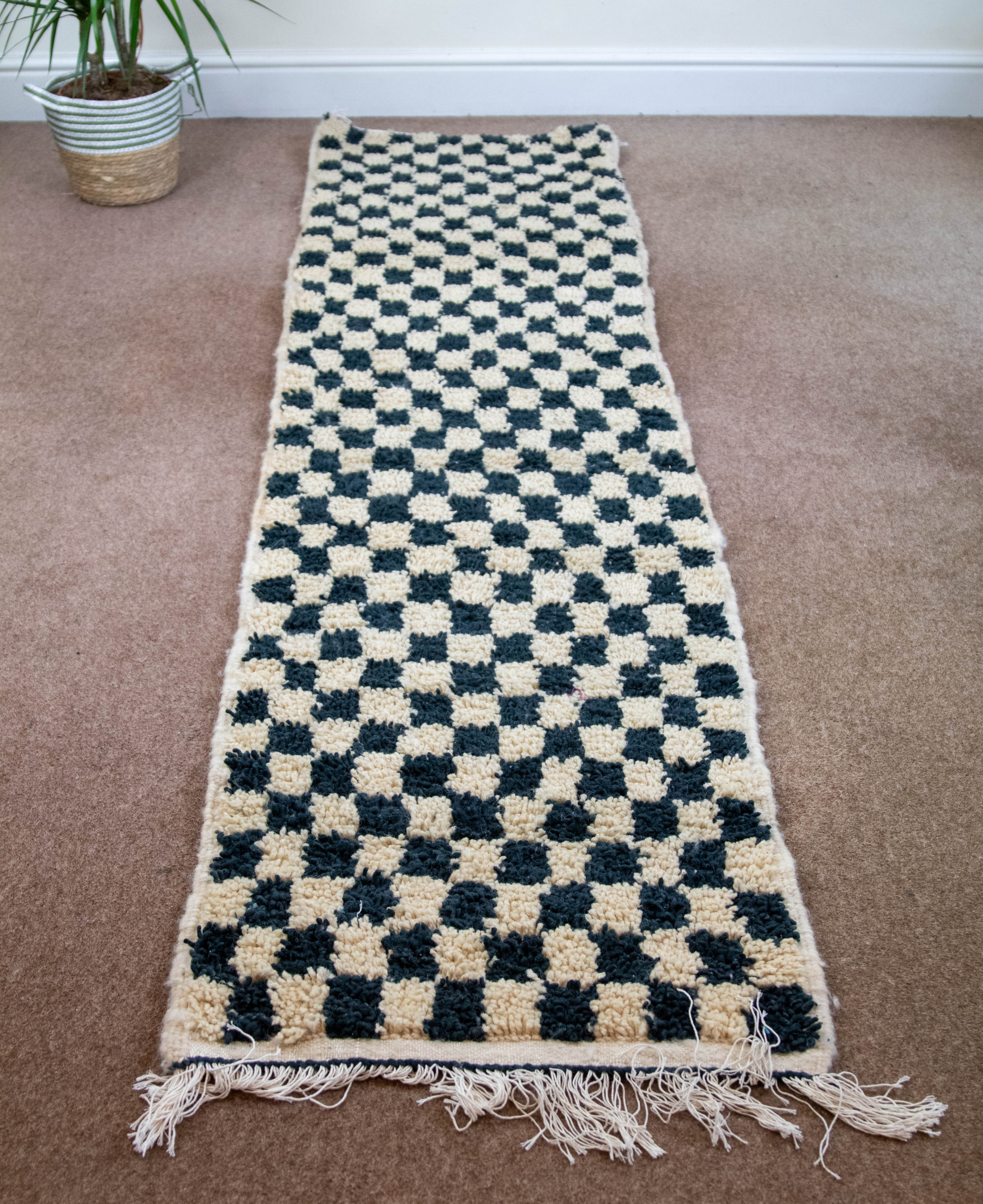 Moroccan Handmade Checkerboard Rug Runner - Checkered Rug Runners 238cm x 57cm (Chloe)