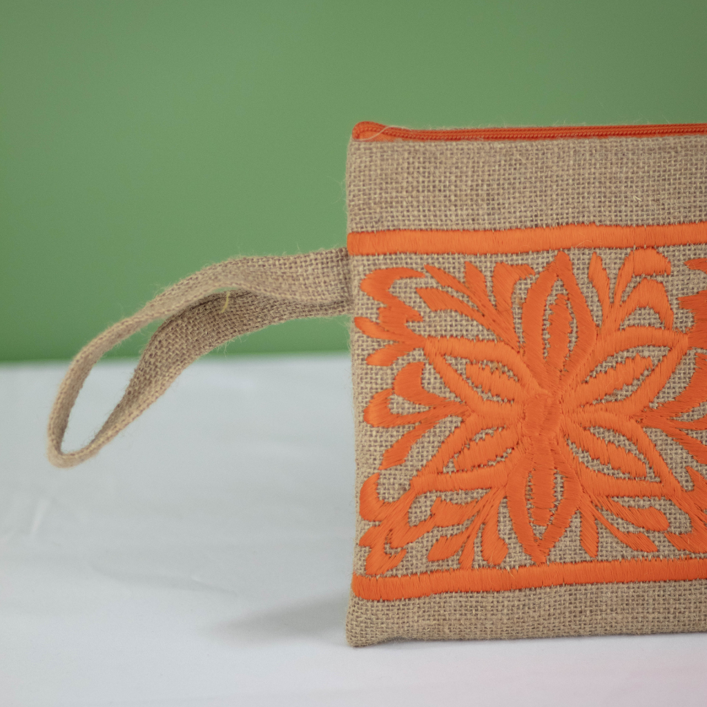 Moroccan Hand-Embroidered Hessian Clutch, Orange 