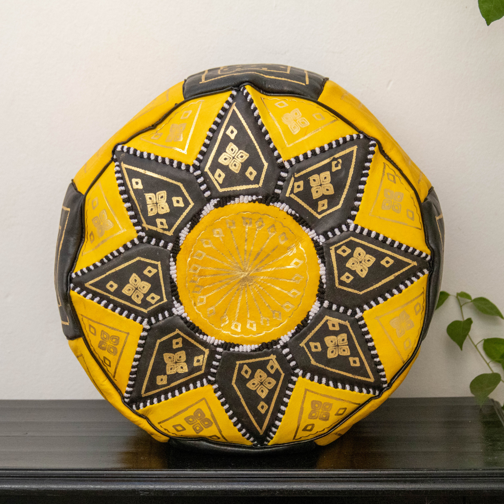 Moroccan Leather Floor Pouffe/Ottoman: Yellow & Gold