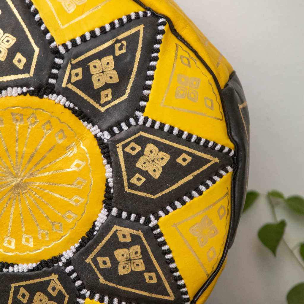 Moroccan Leather Floor Pouffe/Ottoman: Yellow & Gold