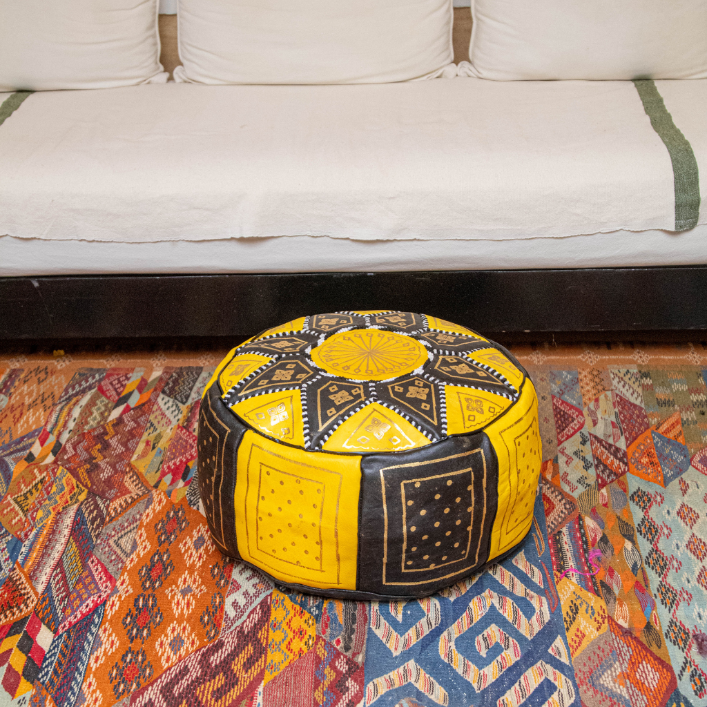 Moroccan Leather Floor Pouffe/Ottoman: Yellow & Gold