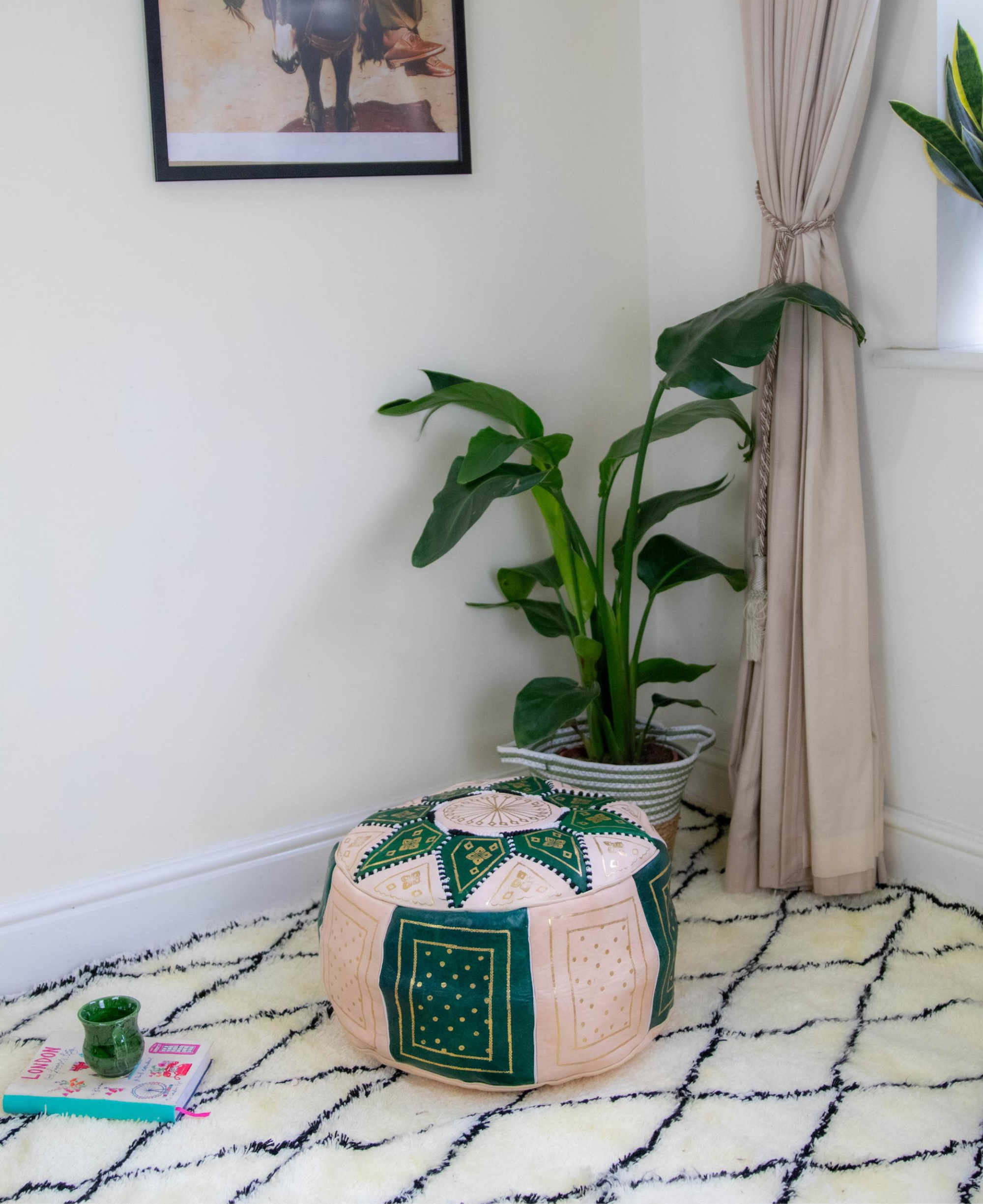 Moroccan Leather Pouf in Green &amp; Gold - Leather Poufe Ottoman - Floor Poufs
