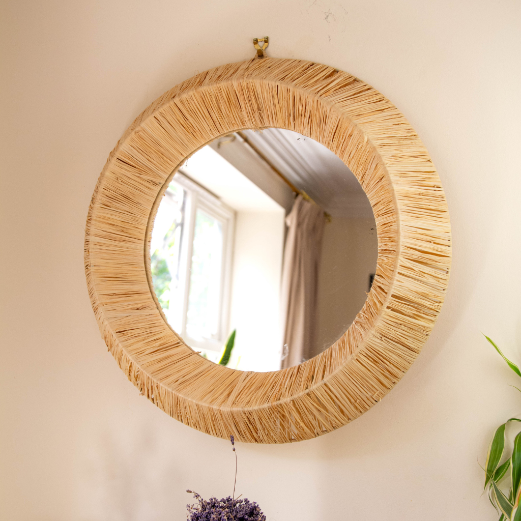 Moroccan Handcrafted Wall Mirror: Round - Natural Raffia