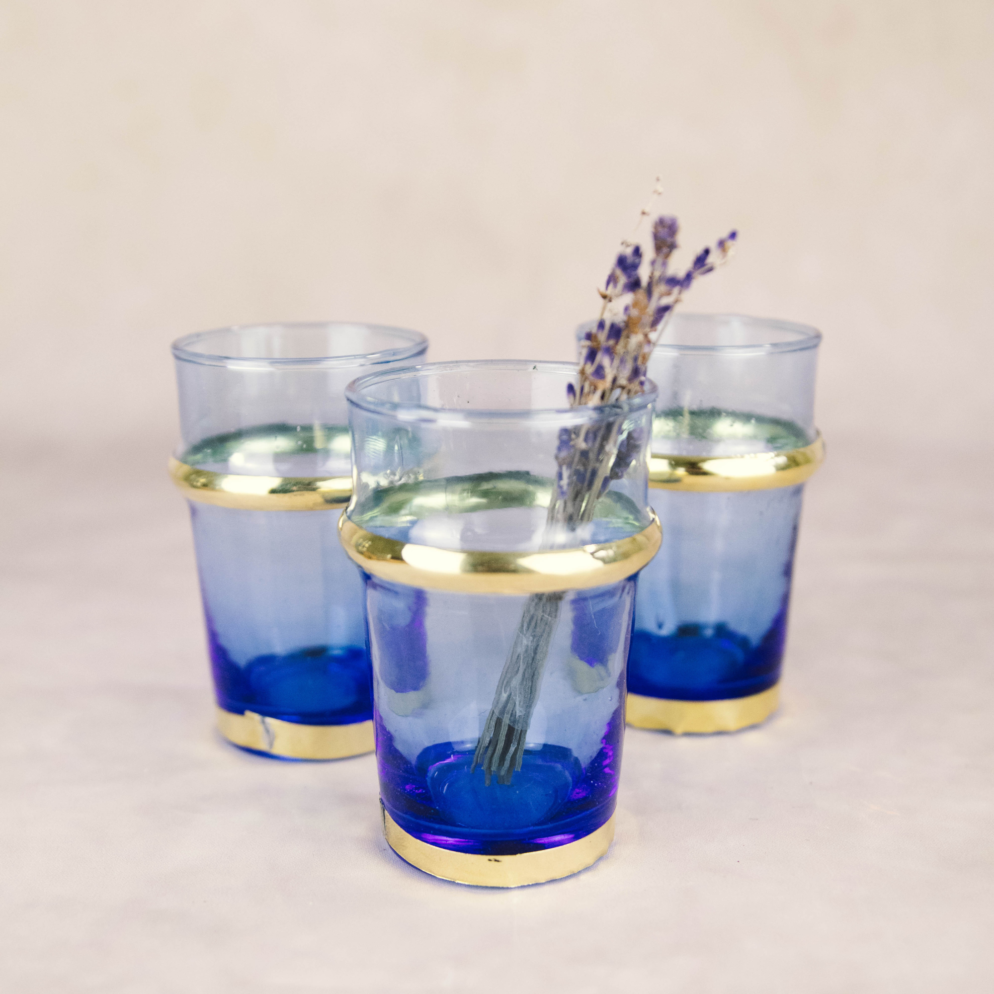 Set of 6 Hand-Blown Beldi Moroccan Tea Glasses with Gold Accents (Blue)