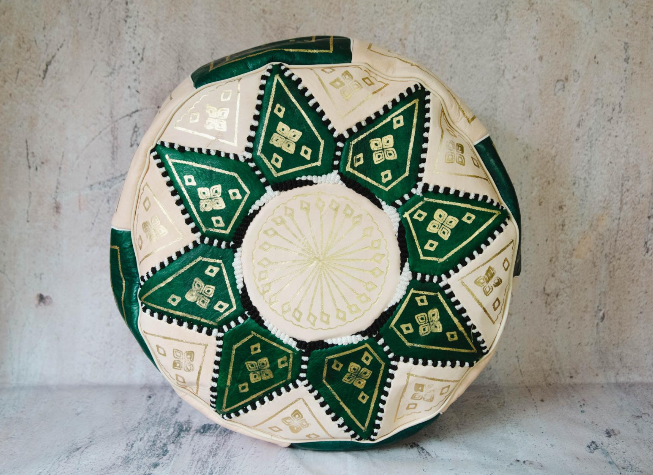 Moroccan Leather Pouf in Green &amp; Gold - Leather Poufe Ottoman - Floor Poufs